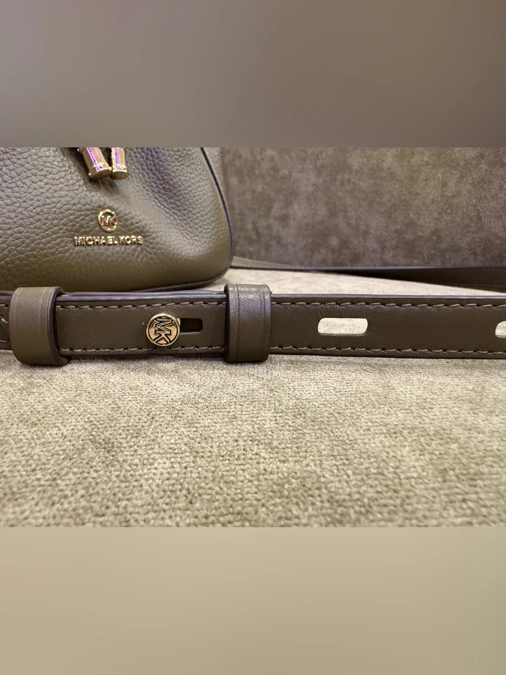 Michael Kors Phoebe Olive Green Leather Drawstring Crossbody with Gold Accents